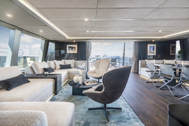 Comfortable neutral decor in the main salon