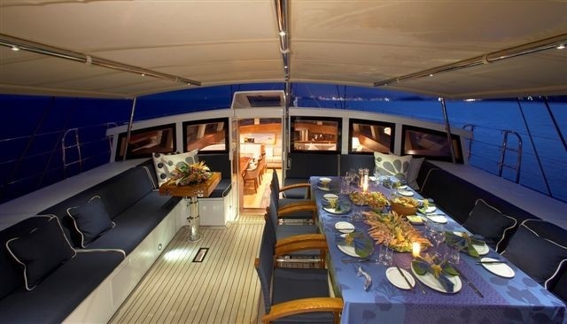 Evening: Yacht CINDERELLA IV's Cockpit Eating/dining Captured