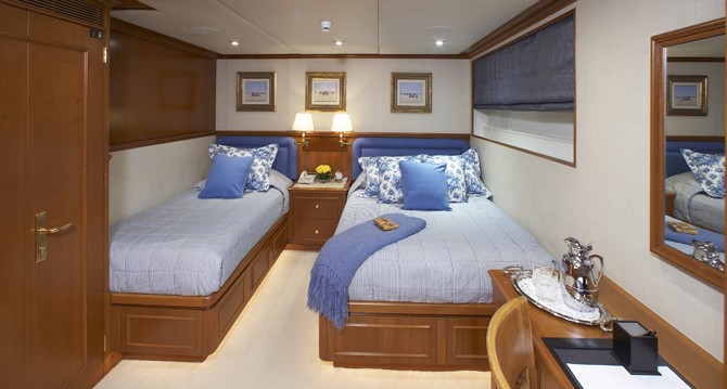 Blue Twin Bed Cabin Aboard Yacht PRAXIS