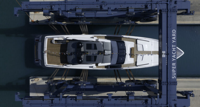 Aerial View Of The Custom Line Superyacht ETOILE During Launch In May 2023