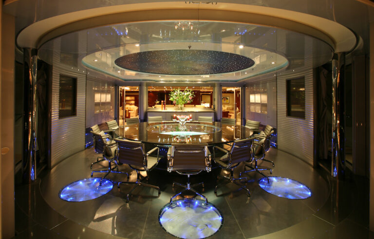 Ambrosia II - dining at night - phot by Benetti