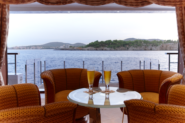 Feadship Super Yacht Lady Christine Bar area dining room with balcony folded out