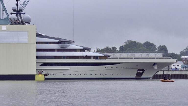 Floating Mega Yacht OPUS Out Of The Shed At Lurssen In Germany -Photo © DrDuu
