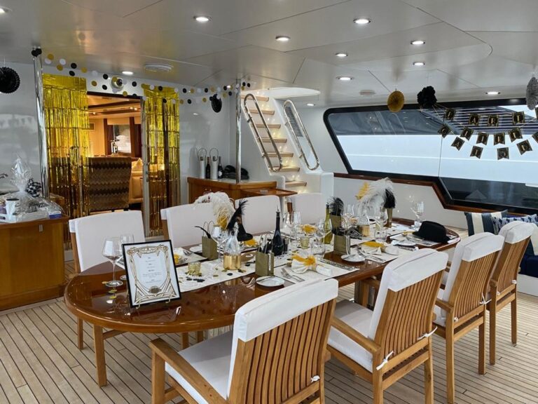 BRIDGE DECK AFT: Magnificent oversized deck with generous seating. The Bridge Deck Aft is enclosed with air-conditioning and panoramic views. Bench seating aft with hi-lo cocktail tables.