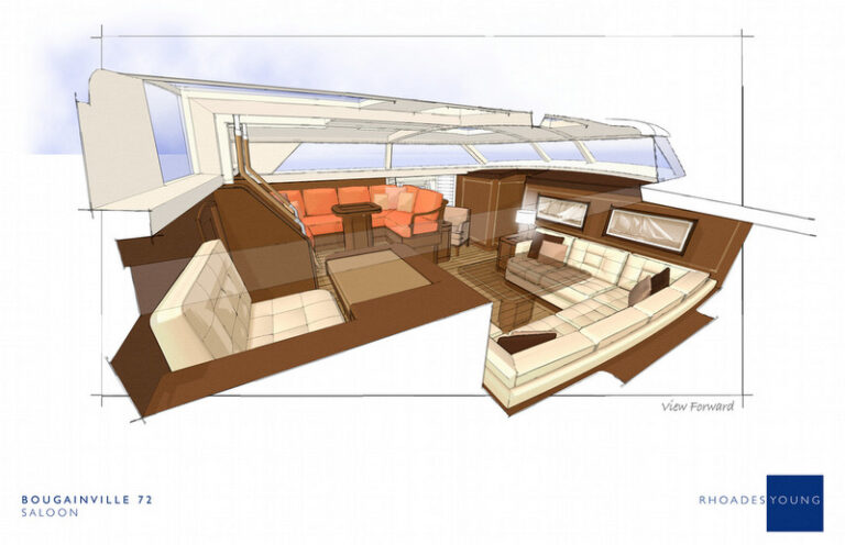 Interior of Bougainville yacht designed by Rhoades Young - Saloon View Forward-001