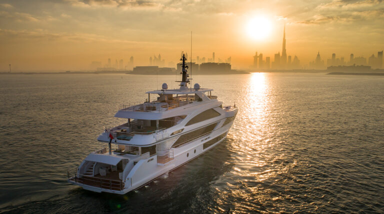 Motor Yacht C'est La Vie At Sunset In Dubai