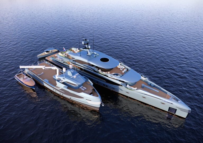 Royal Huisman 403 PHI Rendering By Cor D Rover With Support Yacht And Tender