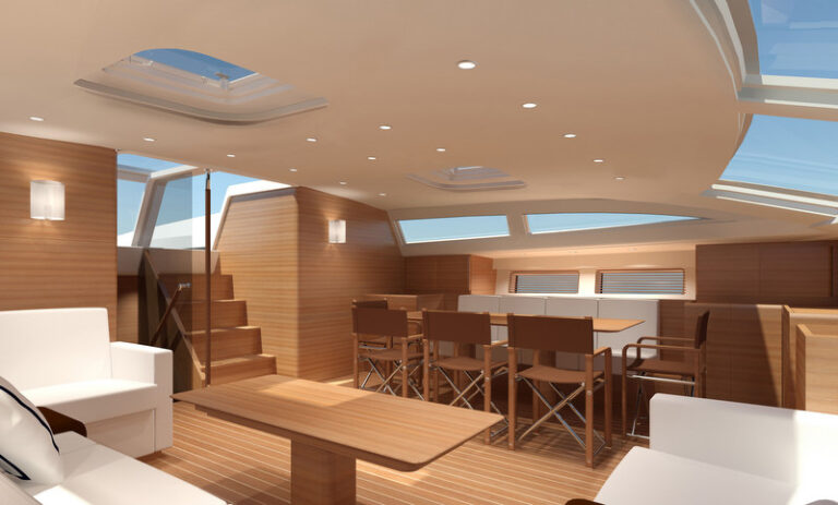 Sailing yacht Swan 105 Main Saloon looking aft towars the port side Credit Nautors Swan 2012