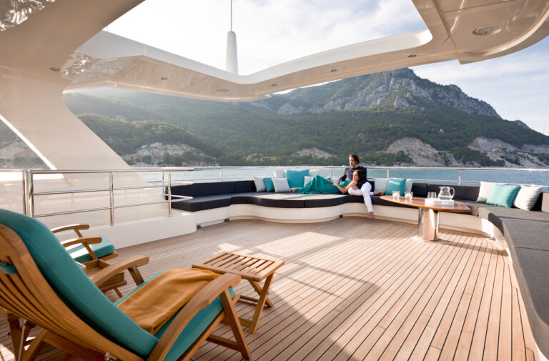 Sarp Yachts motor yacht LA PASSION - outdoor living area. Photo courtesy of Jeff Brown