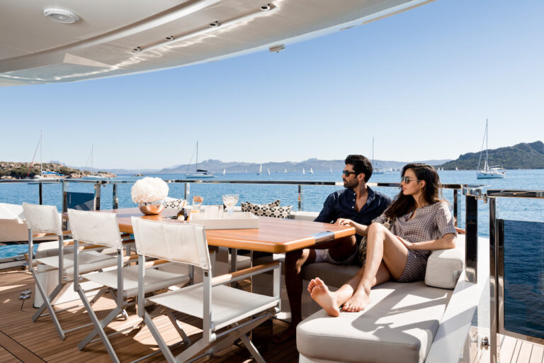 Superyacht lifestyle on aft deck - Dominator Kalliente - Photo Jeff Brown