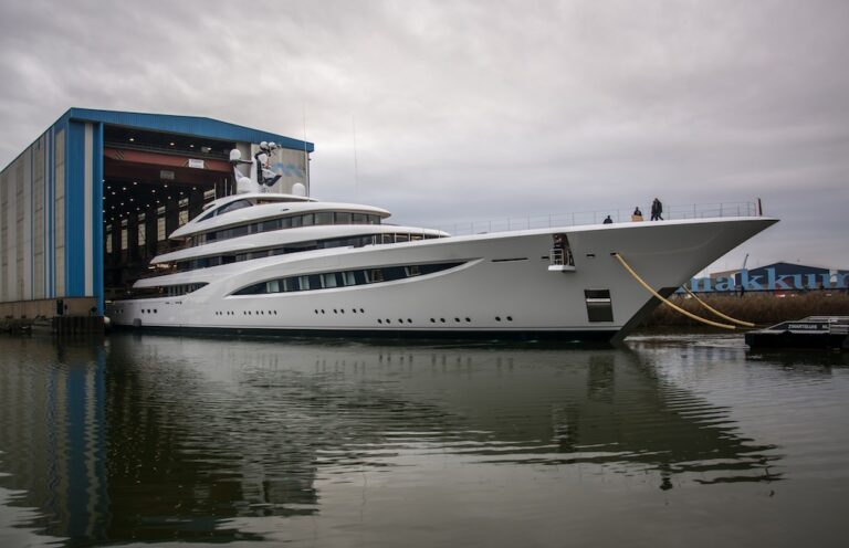 Vertigo leaving Feadship construction shed