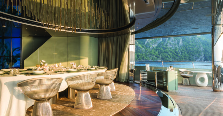 Yacht Savannah by Feadship - Owners Dining Detail on location in the Turkey - Photography by Jeff Brown