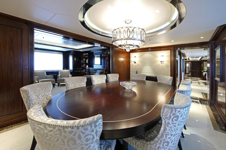 Elegant Dining Area With Large Table And Plush Seating