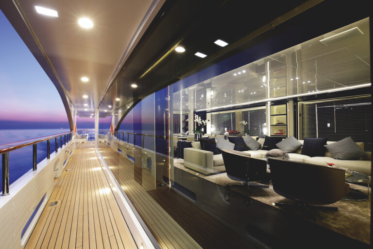 Exerior Decks Looking Into The Saloon At Night