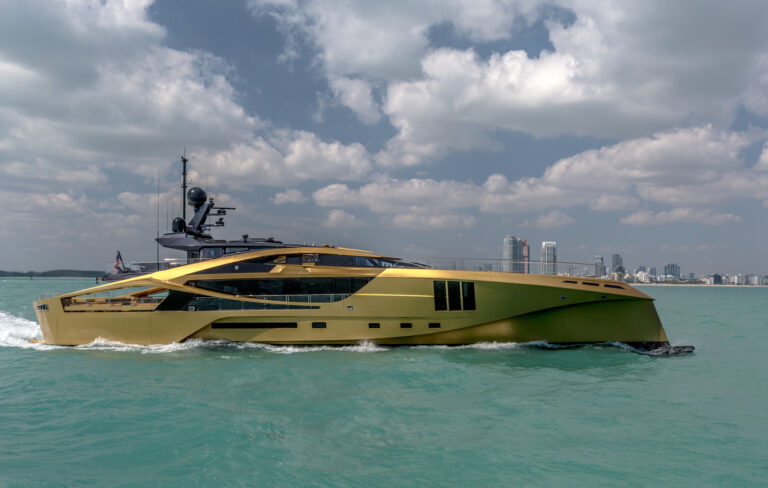 Running Profile Of The Golden Coloured Yacht By Palmer Johnson