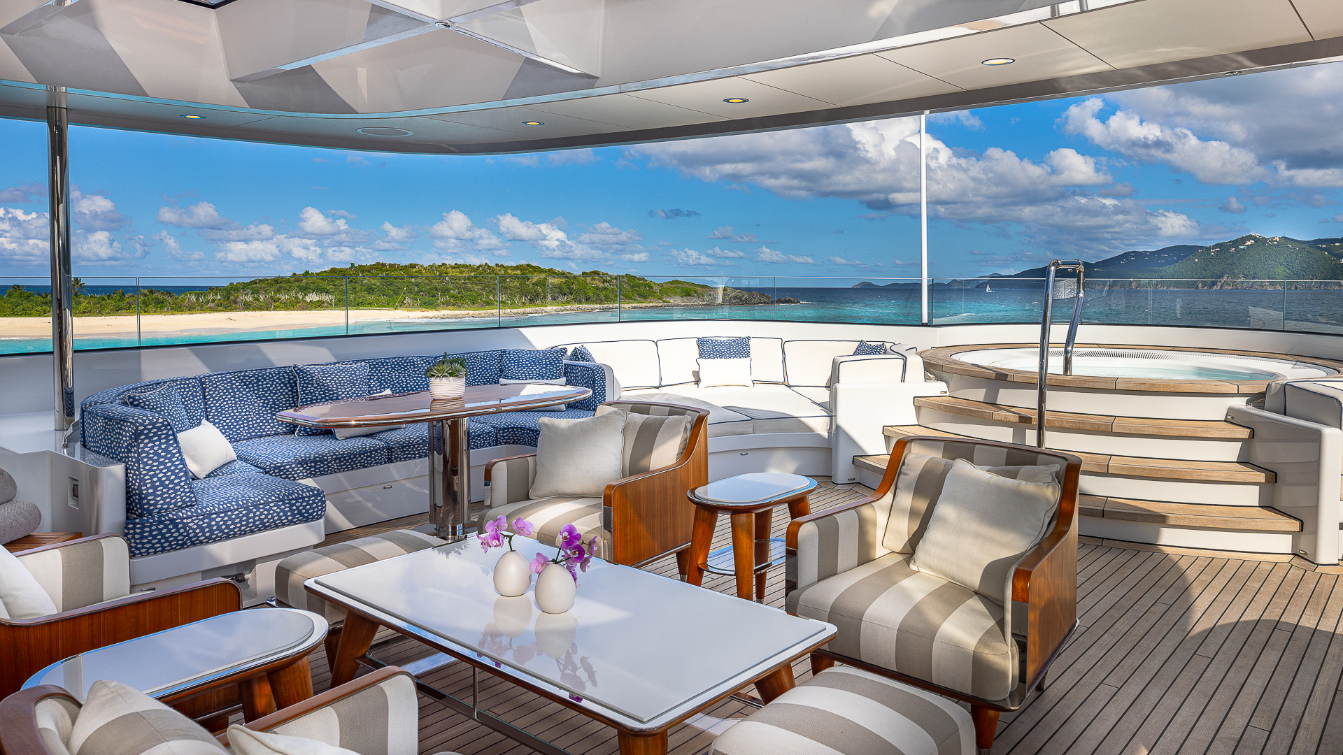 Rock It sun deck - seating and Jacuzzi looking forward to port credit Yachting Image.jpg