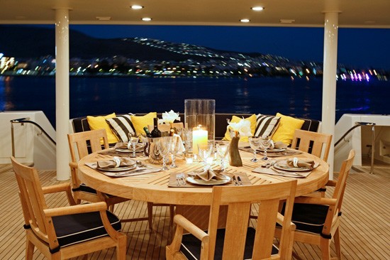 Evening: Yacht ENDLESS SUMMER's Premier Deck Eating/dining Captured