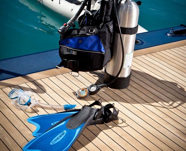 Under Water Scuba Dive Gear Upon Swimming Deck On Yacht AQUILA