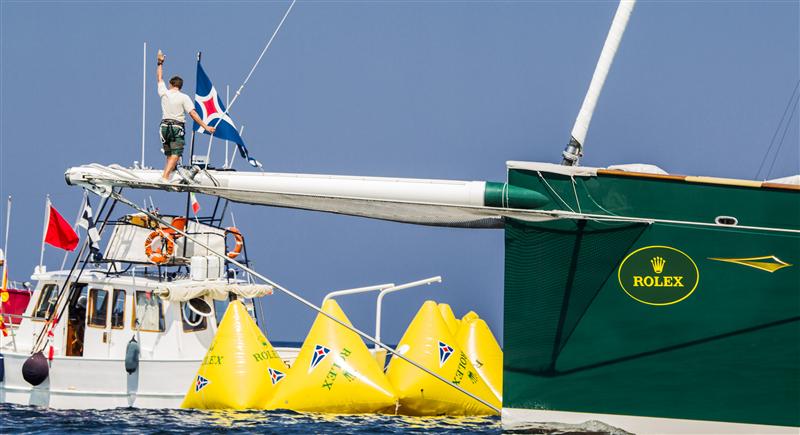 Megayacht Hetairos tests the line before the start gun - Photo by RolexCarlo Borlenghi