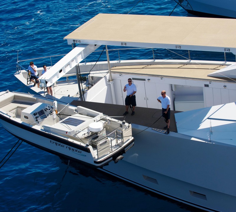 Tender Launching on the bow of motor yacht Big Fish