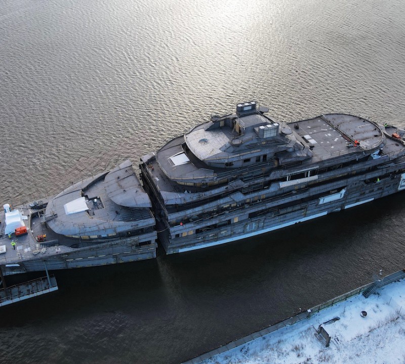 Aerial View Of The Joining Of The 140m Mega Yacht Project Luminance Under Build At Lurssen