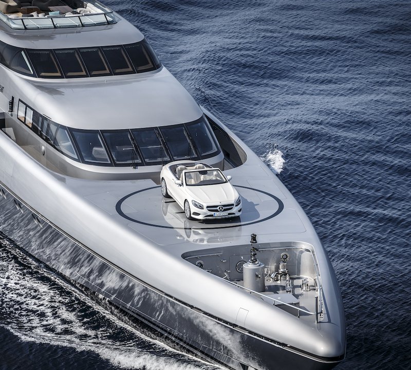 Bow Of The 77m Superyacht With Mercedes S-Class Convertible