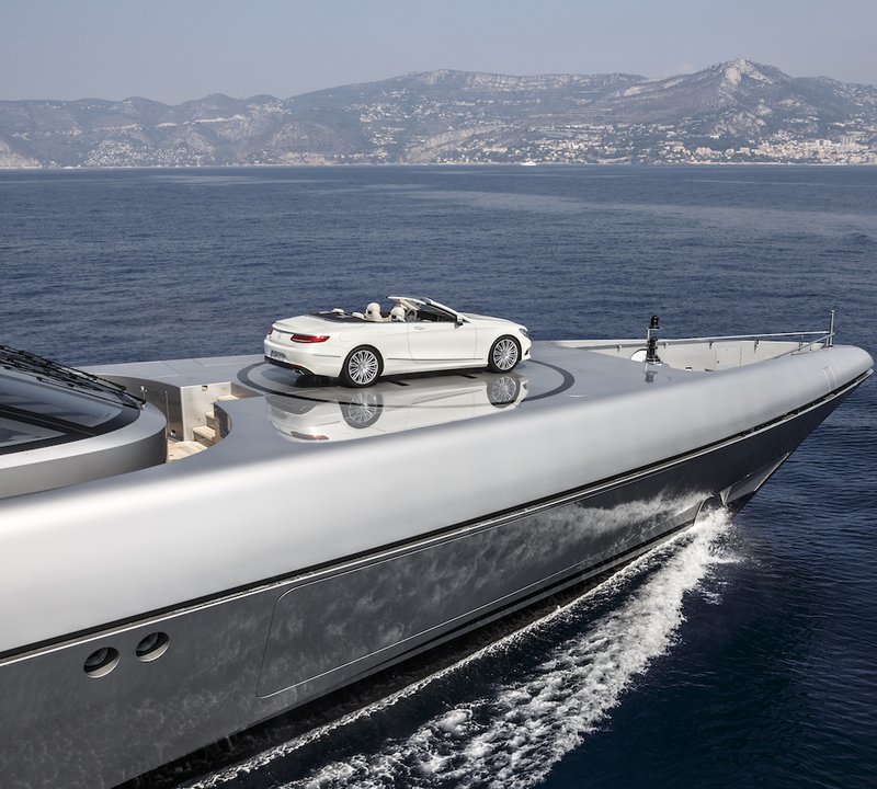 Luxury Yacht With Mercedes S-Class Convertible On Helipad